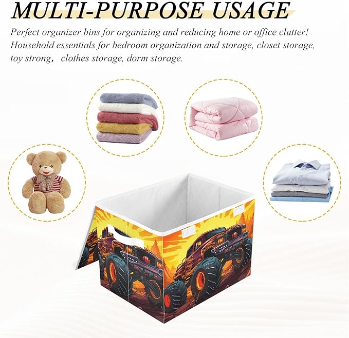 Vnurnrn Monster Truck Sports Storage Cube with Lid Collapsible Large Capacity Foldable Storage Basket Bin Organizer 16.5×12.6×11.8 IN