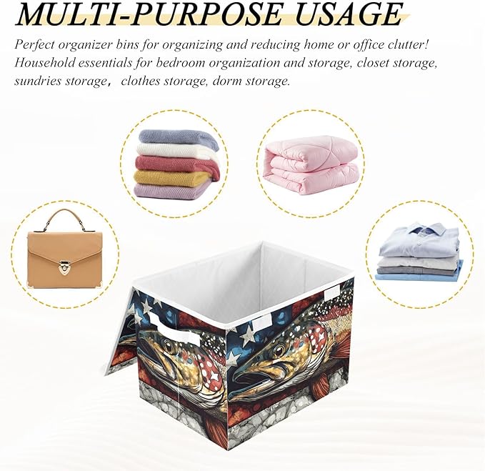 Storage Cube with Lid Trout American Print 16.5×12.6×11.8 IN Collapsible Large Capacity Foldable Storage Basket Bin Organizer