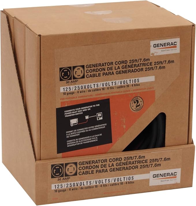 Generac 6328 25-Foot 30-Amp Generator Cord with NEMA L14-30 Ends for Maximum 7500 Watt Generators - Reliable Power Connection for Your Generator