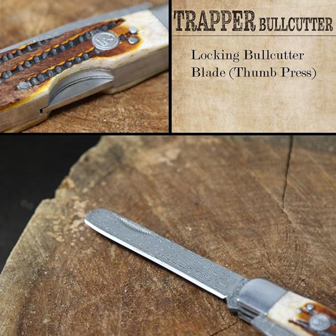 WHISKEY BENT HAT CO. Trapper &amp Locking Bullcutter Folding Pocket Knife 4.125 Closed Length 440C Stainless Steel Blades (Honey Badger - Damascus Blades)