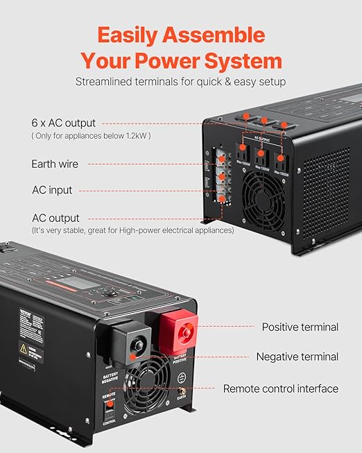 VEVOR Pure Sine Wave Inverter Charger 3000 Watt DC 24V to AC 120V Power Inverter with LCD Display Remote Control Solar Inverter for Off-Grid Solar RV Boat Home Compatible with Various Batteries