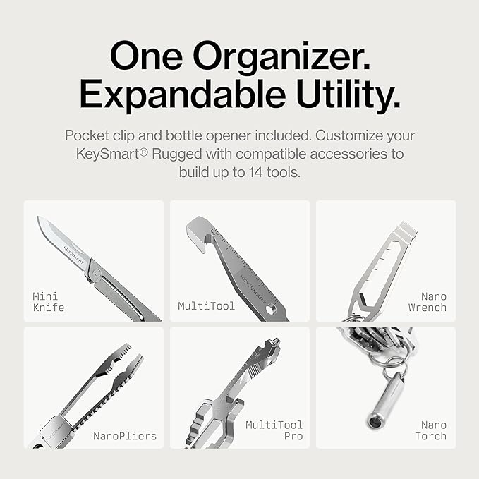 KeySmart Rugged - Multitool Key Holder for Keychain w/Bottle Opener and Pocket Clip Organizer for Keys EDC Keychains Ring for Car Fobs Key Chains Expandable (Up to 14 Keys Titanium)