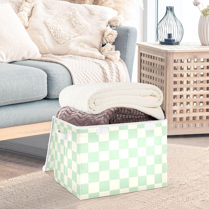 White Green Check Square Storage Box with Lid 1 PC Foldable Storage Bin with Lids Stackable Storage Bins Cube Closet Organizer Basket with Flip-Top Lid &amp Handles for Shoes Books Towels