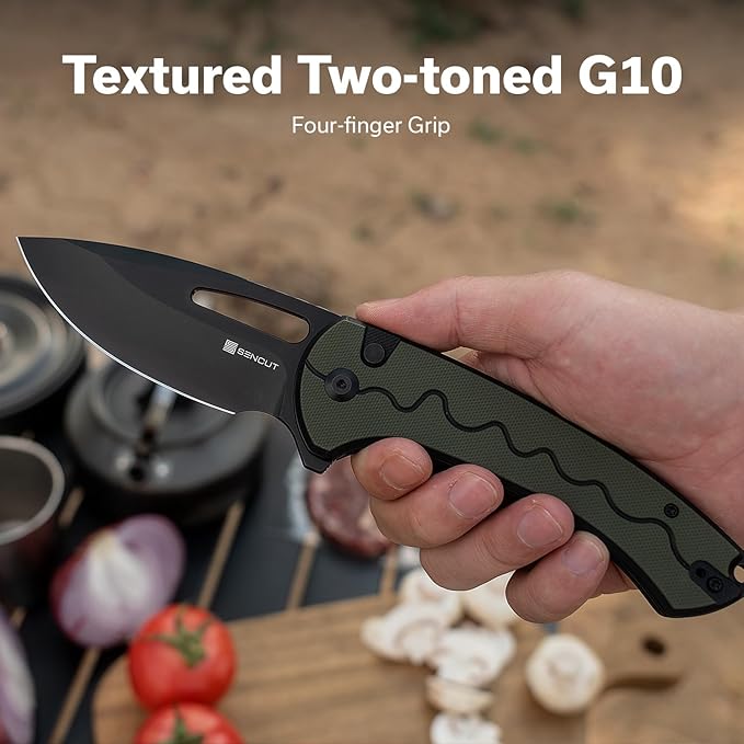 SENCUT Squiggy Pocket Knife Camping Folding Knife with 3.89'' 9Cr18MoV Blade &amp G10 Handle Reversible Clip for EDC Hiking S24082A-2 (Black/Green)