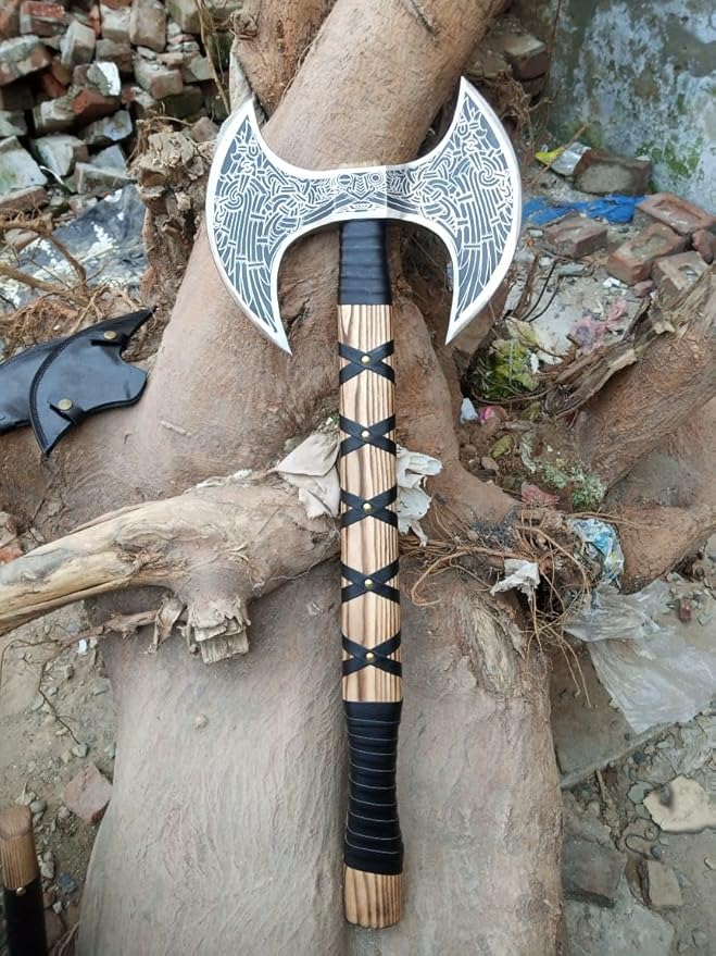 Hand-Forged Double Headed Viking Axe – 27 Odin's Carbon Steel Battle Hatchet with Leather Wrapped Wood Handle – Norse Style Throwing Axe for Camping Collecting Survival Gear or Gifts.