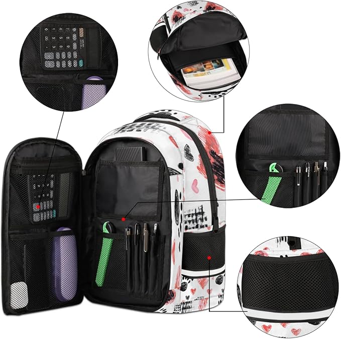 QsirBC Hand Painted Love Grid Skull Multi Compartment Backpack with Reflective Strips Adjustable Padded Straps Large Capacity Waterproof Duffel Bag for Men Women Work and Daily Use