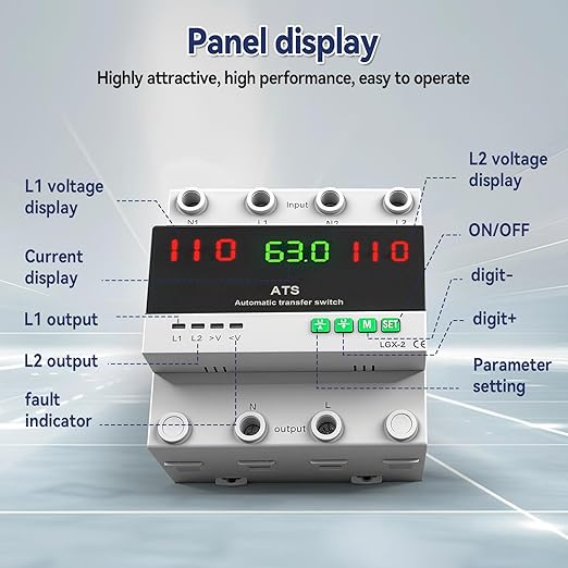 63A 110V Automatic/Manual Transfer Switch Dual Power Selector with LED Display for Home Generator and Backup Power L1 Priority Phase Selector Din Rail Mount 50/60Hz