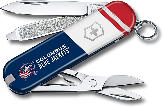 Victorinox Classic SD Swiss Army Knife – Compact 7 Function Swiss Made Pocket Knife with Small Blade Screwdriver and Key Ring – Columbus Blue Jackets