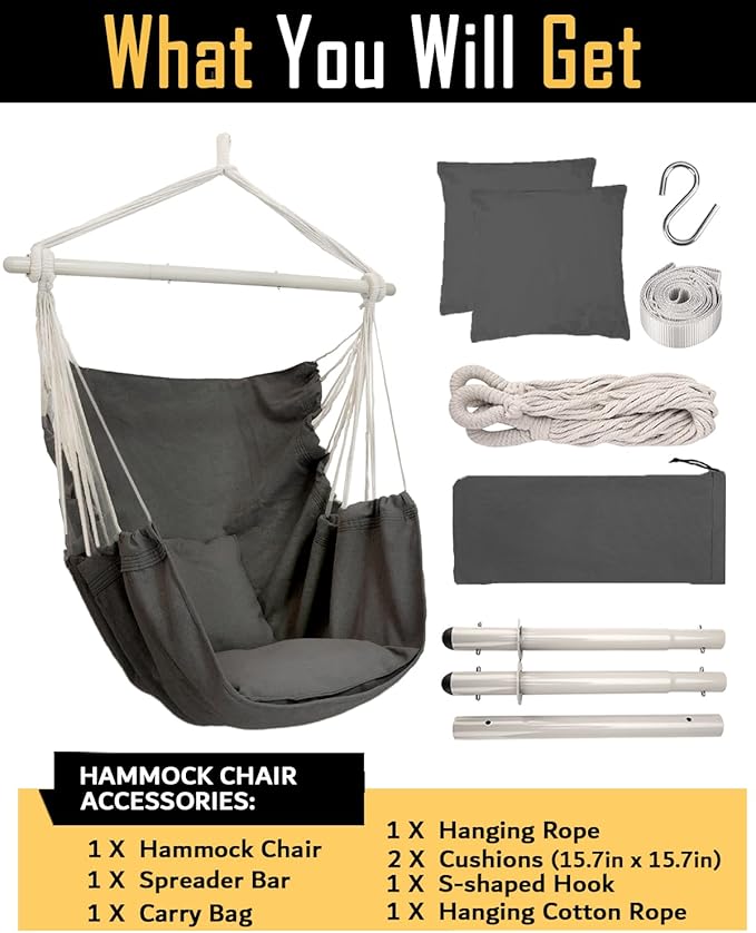 ADVOKAIR Hammock Chair Hanging Chair Swing Large Indoor with Anti-Slip Steel Spread Bar and Pocket-Max 500lbs-2 Cushions Perfect for BedroomOutdoorPatio PorchBackyard…