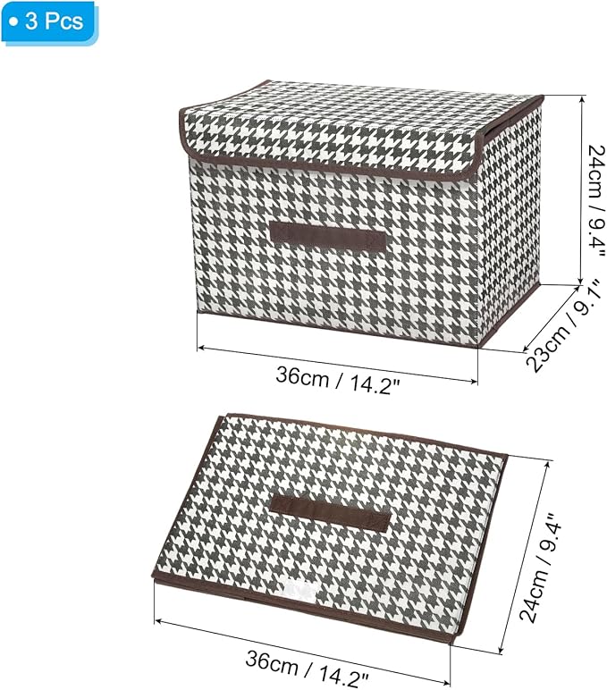PATIKIL Fabric Collapsible Storage Bin 14.2 x 9.1 x 9.4 Inch 3 Pcs Foldable Storage Box Cube with Lids and Handle Organizer Container for Home Bedroom Closet Clothes Black White Grid