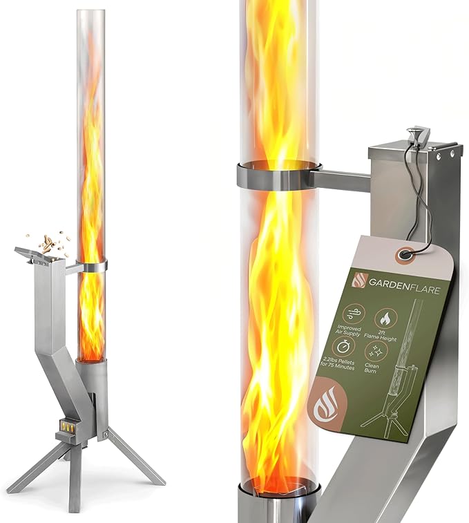 GARDENFLARE Stainless Steel Pellet Stove &amp Smokeless Firepit Patio Heater for Ambiance - Fire Pit for Patio Fire Tube Outside Backyard Bonfire &amp Outdoor Fireplace (Silver Classic)