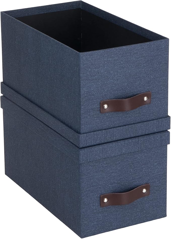 Bigso Silvia Organizational Storage Box with Leather Handle for Shelves and Stacks Easily - Durable and Decorative Storage Boxes with Lids - 5.9 in x 6.5 in x 11.6 in - 2 Pack - Blue