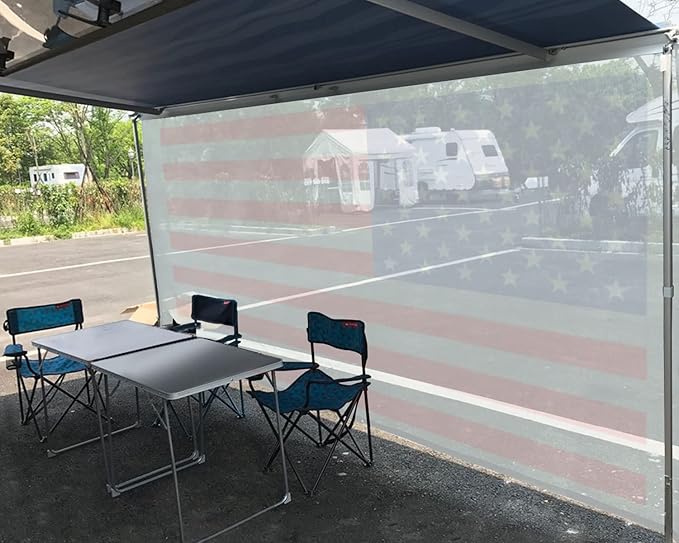 Tentproinc RV Awning Sun Shade Screen 7' X 10' 3'' (American Flag) Gray Mesh Sunshade Camper Trailer Awning Shade Screen UV Blocker Completed Kits