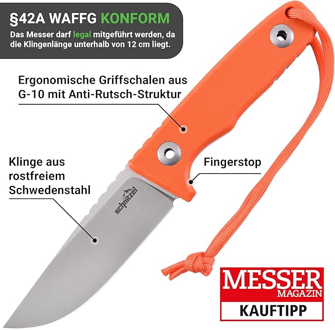 SCHNITZEL TRI - Outdoor Knife with Kydex Sheath and Dangler Carrying System – Bushcraft Outdoor Leisure Adult (Orange)