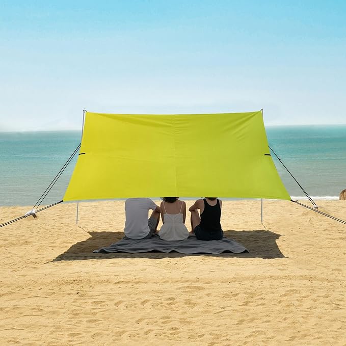 Yellow Gradient Foldable Beach Cabana UPF50+ Waterproof Large Portable Sun Shelter with Sand Shovel Sandbags for Backyard and Camping