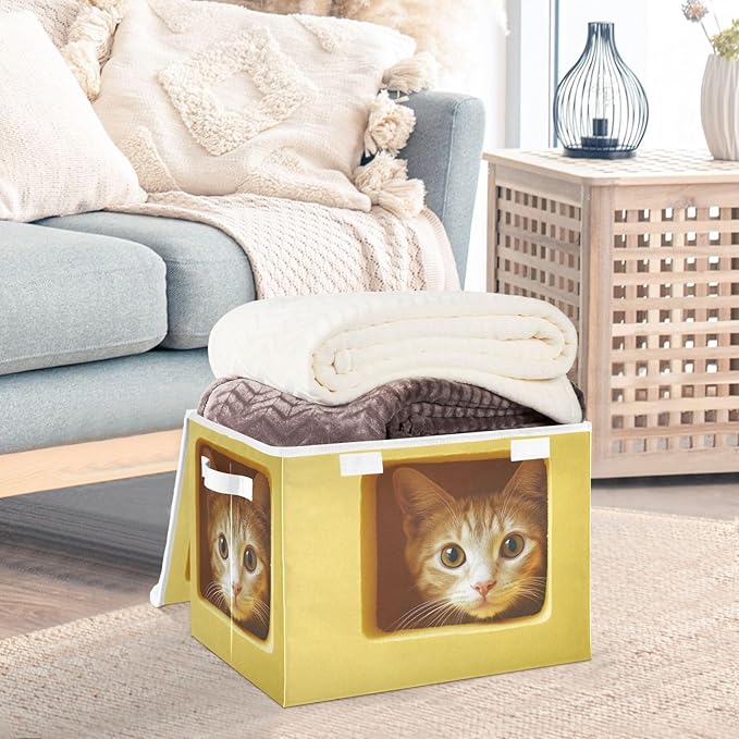 Storage Cube with Lid Curious Cat Print 16.5×12.6×11.8 IN Collapsible Large Capacity Foldable Storage Basket Bin Organizer