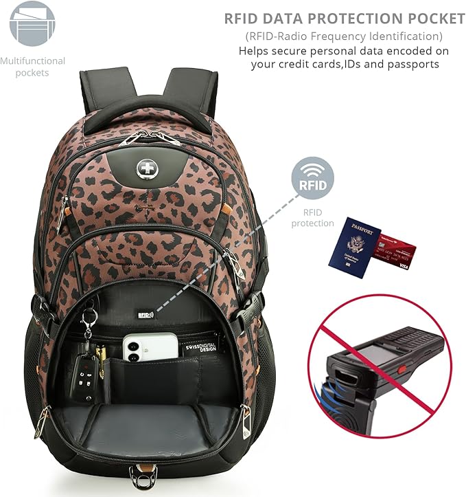 Swissdigital Laptop Backpack with USB Charging Port Travel Backpack Fits 15.6 inches Computer 31L Backpack for Men and Women Brown Leopard | SD803-103