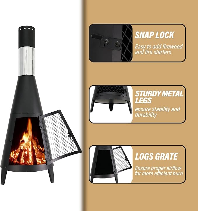 BDL Chiminea Outdoor Fireplace Outdoor Wood Burning Fire Pit Free Standing Fireplace with Log Grate Mesh Screen for Patio Backyard Garden-Black