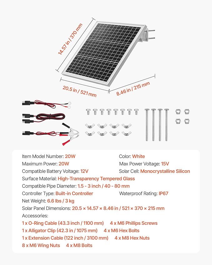 VEVOR 20W 12V Solar Panel Battery Charger Solar Battery Trickle Charger Maintainer with Built-in Controller &amp 0-60° Adjustable Pole Mount Bracket IP67 for Gate Fence Farm Lawn (Fit 1.5 - 3 Pol