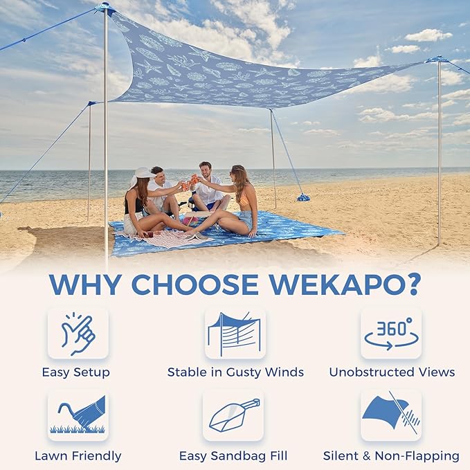 WEKAPO Beach Tent Sun Shelter - Easy Setup Beach Canopy with 4 Sturdy Poles Large Sandbags and Shovel 6'7'' Tall Windproof Sun Shade for Backyard and Camping UPF 50+ Protectio