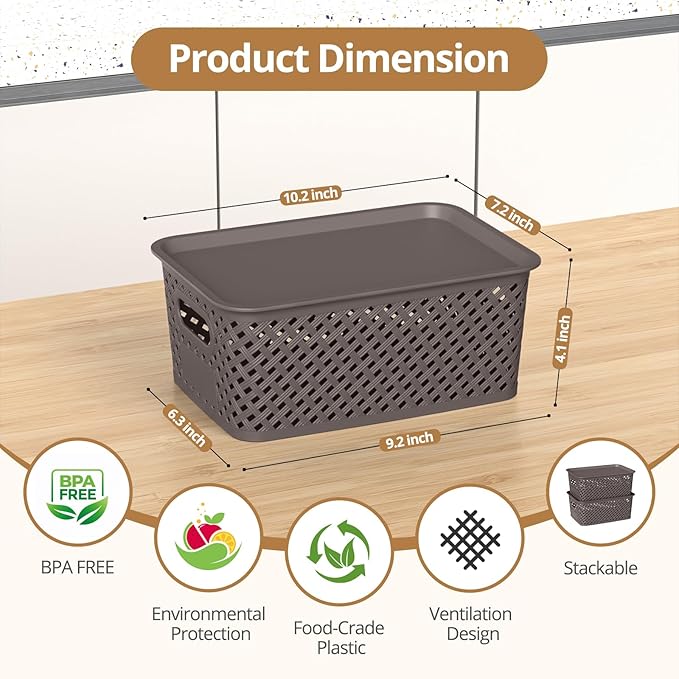 Plastic Storage Bins with Lid Stackable Small Box Basket for Organizing and Containers for Shelves Drawers Desktop Closet Playroom Pantry Classroom Office Home 8-pack 10.2x7.2x4.1 Inch Brown