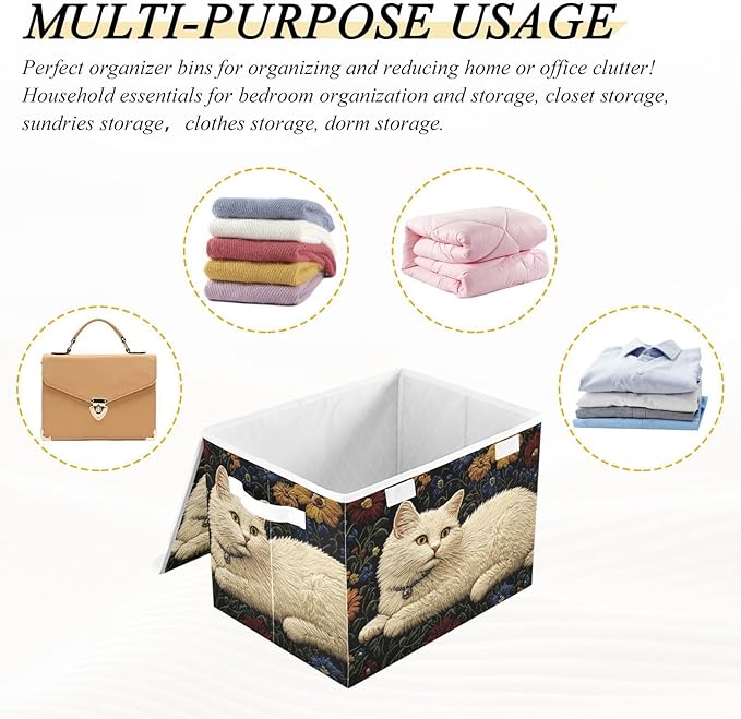 Storage Cube with Lid Floral Cat White Print 16.5×12.6×11.8 IN Collapsible Large Capacity Foldable Storage Basket Bin Organizer