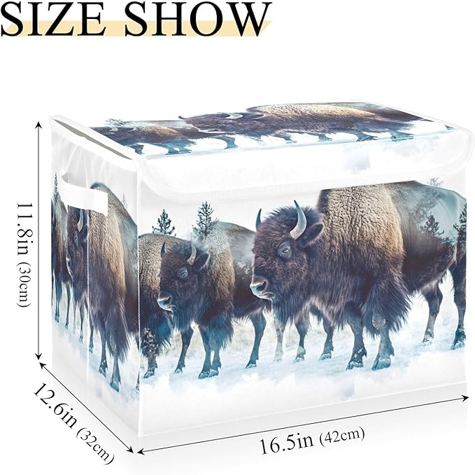 Storage Cube with Lid Winter Bisons Print 16.5×12.6×11.8 IN Collapsible Large Capacity Foldable Storage Basket Bin Organizer