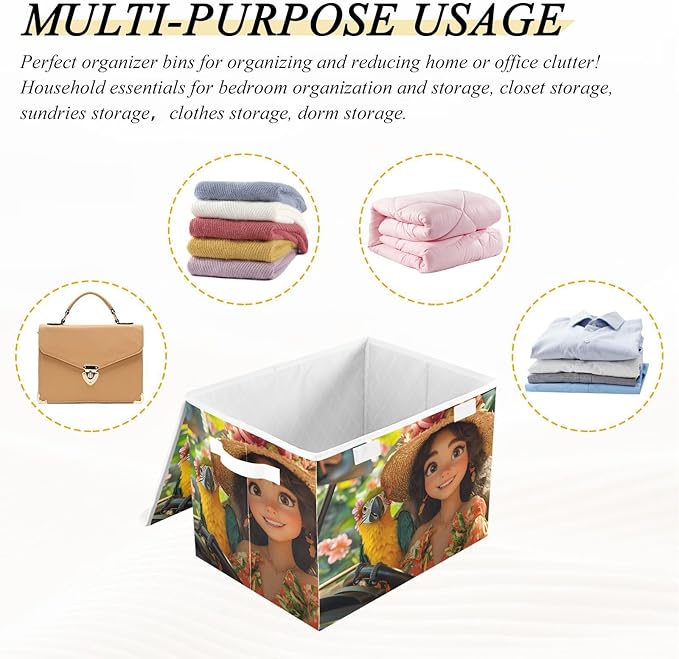AIXIWAWA Lidded Storage Cube (Tropical Lady Parrot) Fabric Foldable Closet Bins with Flip Lid and Handles Organizer Basket Container 16.5 x 12.6 x 11.8 IN