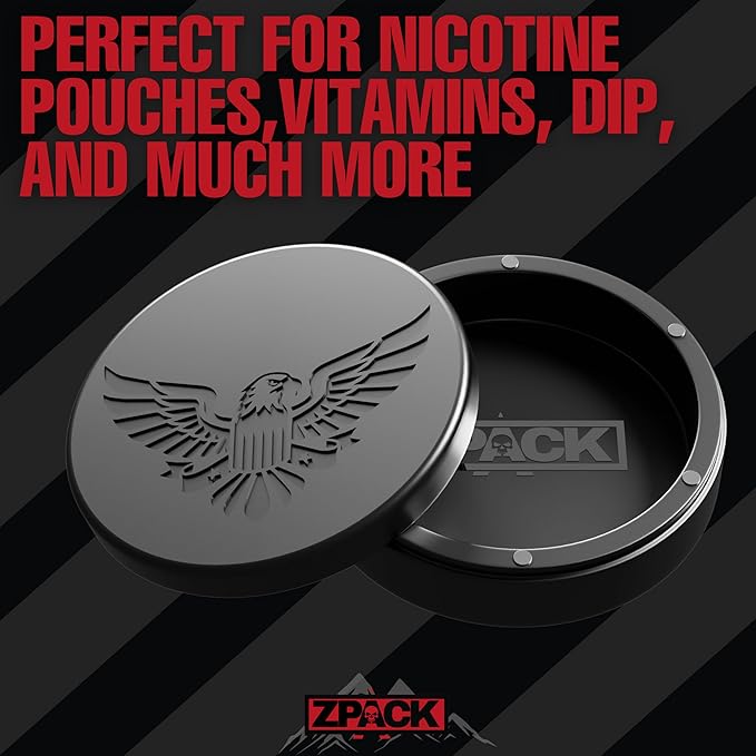 ZPACK Magnetic Zyn Metal Can Holder Metal Container Carved Tin with Magnetic Closure Aluminum Container Slim Pouch Can Gift for Him – Engraved Logo Black (Eagle)