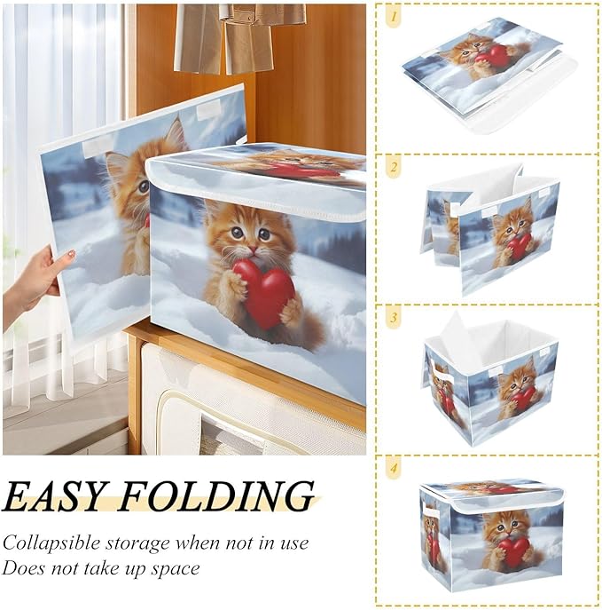 AIXIWAWA Lidded Storage Cube (Cat with Heart) Fabric Foldable Closet Bins with Flip Lid and Handles Organizer Basket Container 16.5 x 12.6 x 11.8 IN