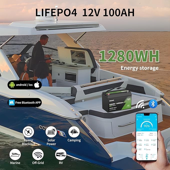 OKMO 12V 100Ah TM LiFePO4 Battery 150A BMS with Bluetooth 1280Wh 10 Years Lifetime 15000+ Deep Cyclesfor Marine RV Trolling Motor Boat Camper Low Temperature Protection