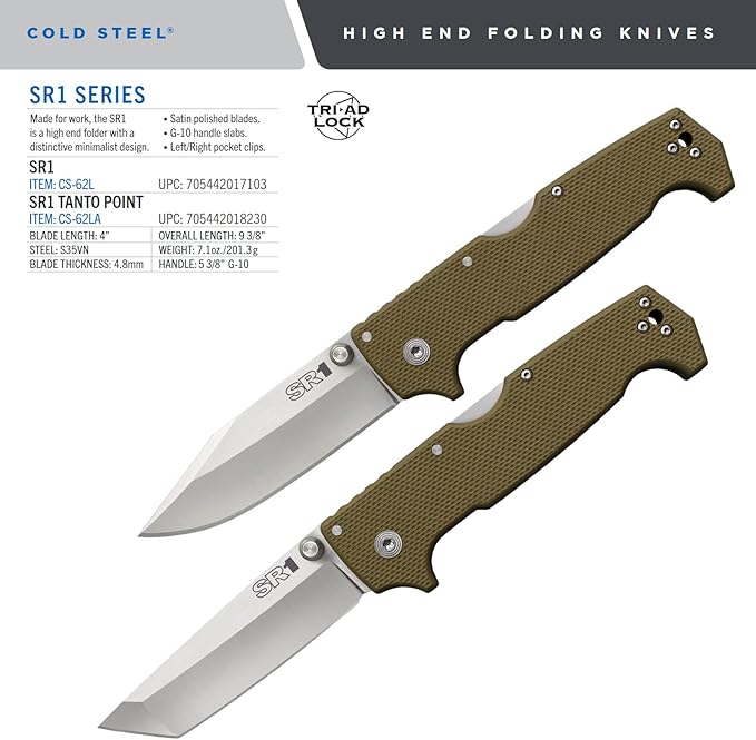 COLD STEEL SR1 S35VN Steel 4 Blade G-10 Handle Tactical Self-Defense Folding Knife with Tri-Ad Locking Mechanism and Pocket/Belt Clip