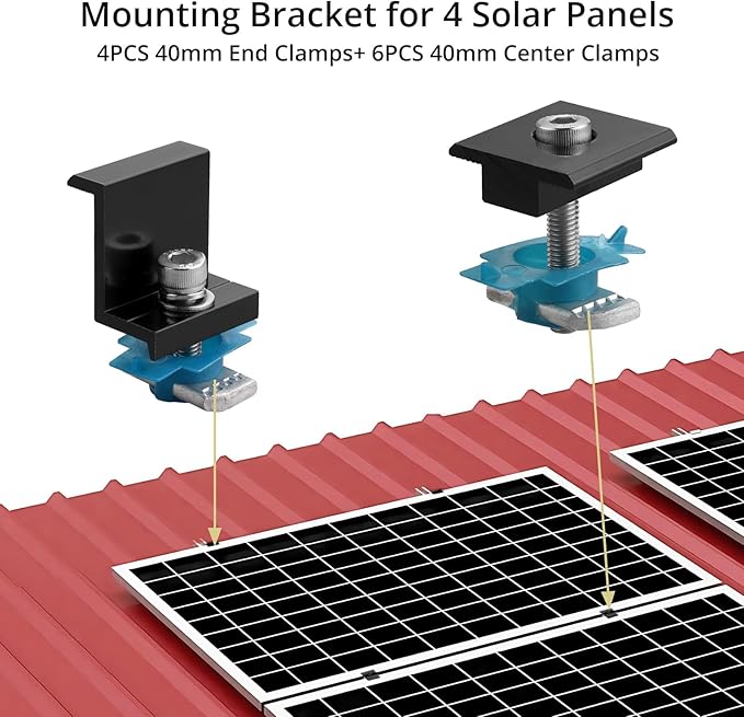 Anbte 10 PCS Solar Panel Clamps for Unistrut Aluminium 40mm 6 x T-Shaped Mid Clamps + 4 x End Clamps Solar Panel Mounting Brackets for Metal Tin Flat Sheet Roofs RV Black