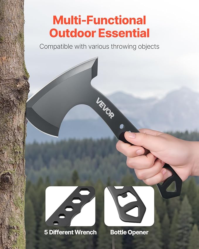 VEVOR Throwing Axes and Tomahawks 3 Pack Axe Throwing Hatchet Set Multi-Functional Handle with Wrench and Bottle Opener Stainless Steel with Black Nylon Sheath for Recreation and Competition