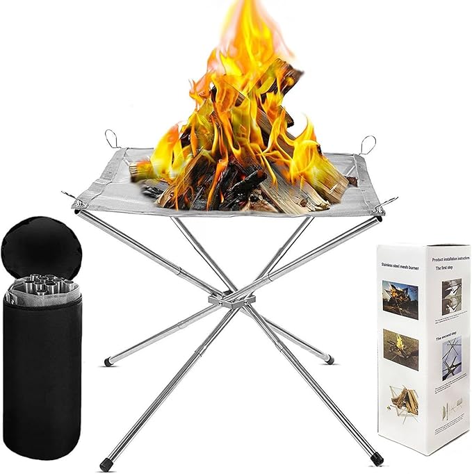 22 Inch Portable Outdoor Fire Pit with Carrying BagFoldable Stainless Steel Mesh Fireplace Wood Burning Collapsible Fireplace for Camping Outdoor Hiking BBQ Picnic