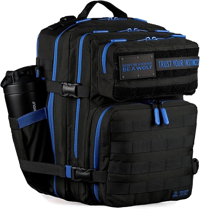 WOLFpak 25L Athletic Gym Backpack - Durable 1000D Waterproof Oxford Material with MOLLE Webbing Laptop Pocket &amp Dual Cup Holders Durable Fitness/Travel/Military Daypack (Blue Wolf)