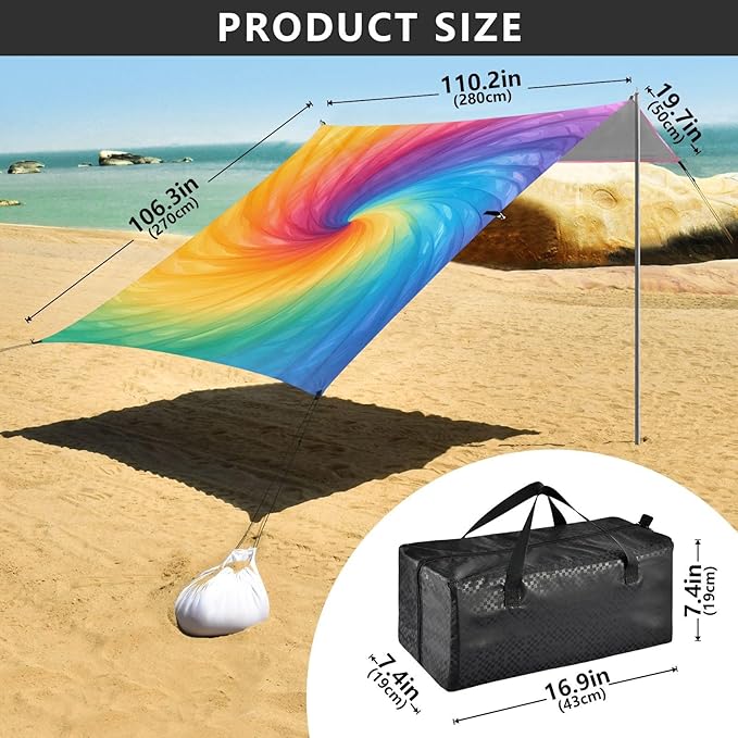 Darkorchid Tie Dye Background Rainbow Colors Tie-dye Pattern Foldable Beach Canopy UPF50+ Easy Setup Portable Sun Shelter with Sturdy Poles Sandbags and Shovel for Camping Trips Fishing