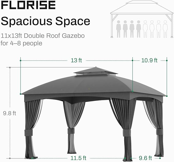 Florise Heavy Duty Gazebo 11 x 13 Ft Outdoor Patio Pavilion with Galvanized Steel Metal Frame and Double Roof Curtain and Netting Included for Outside Garden Yard &amp Lawn