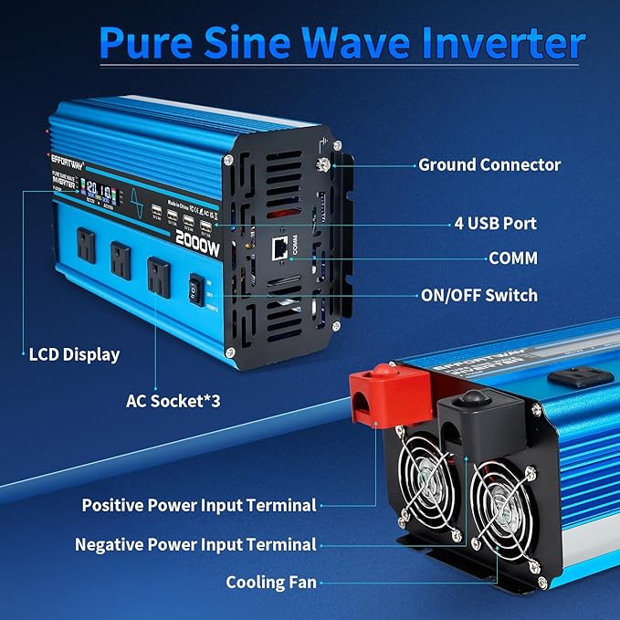 2000W Pure sine Wave Inverter 4000W (Peak) DC 12V to AC 110V/120V Converter with LCD Display Wireless/Wired Remote Control 3AC Outlets and 4USB for Camping RV Travel Off-Grid Solar Systems