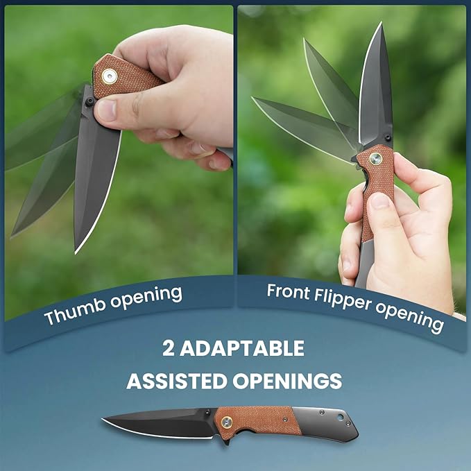Pocket Knife For Men Folding Pocket Knife With 3.77 Sandvik 14C28N Blade &amp Micarta Handle Flipper Knife With 2-way Assisted Opening EDC Knife With Deep Pocket Clip For Hunting Camping