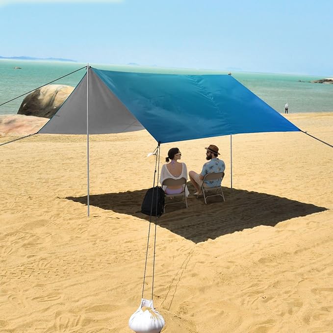Astract Gradient Blue Shiny Beach Cabana UPF50 Easy Setup Portable Sun Shelter Includes Sand Shovel Sandbags Stability Poles for Camping Picnics Backyard