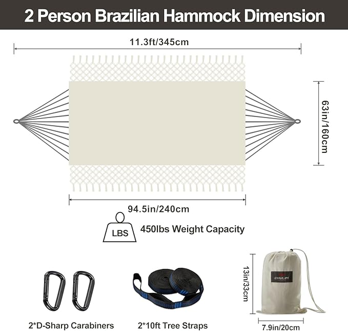 CHULIM Brazilian Double Hammock with Tree StrapsExtra Large 94x63IN2 Persons Hammock for Backyard Patio Outdoor Indoor450lbs Weight CapacitySoft Woven Cotton Fabric - Natrual White with Tassels