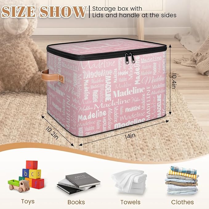 Custom Storage Basket with Name Personalized Keepsake Box with Zipper Lid Foldable Fabric Memory Bin Large capacity with Handle Pink