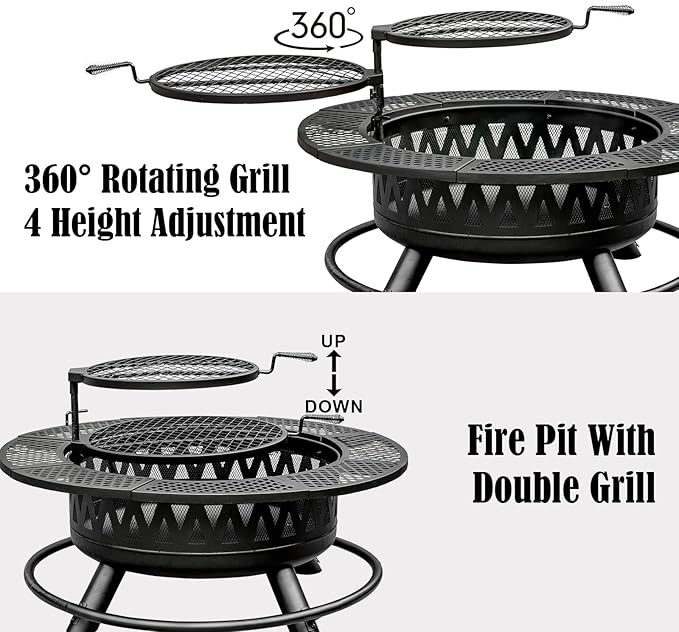 42 Inch Fire Pit with 2 Grills Large Outdoor Firepits for Outside Wood Burning Fireplace for CampingPicnicBonfire 3-in-1 Round Metal Table with Lid for BackyardPatioParty