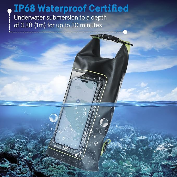 Pelican Marine IP68 Waterproof Dry Bag 2L - Roll Top Waterproof Backpack w/Phone Case/Pouch - Boating &amp Kayak Accessories - Essentials for Camping Swimming Beach Fishing Rafting Travel - Black/Yel