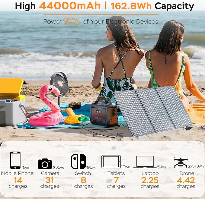 MARBERO Solar Generator 162.8Wh Camping Portable Power Station 200W Peak with Foldable Solar Panels 30W with AC Outlet 110V Multi-Port LED Flashlights for CPAP Home Camping Hurricane Emergency