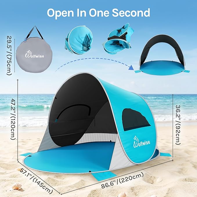 Wolfwise Pop up Beach Tent Sun Shelter with UPF50+ UV Protection Instant Easy Setup Popup Beach Shade Canopy for 3 Person Portable &amp Foldable with Carring Bag 87 ×57×47 in Black Coating