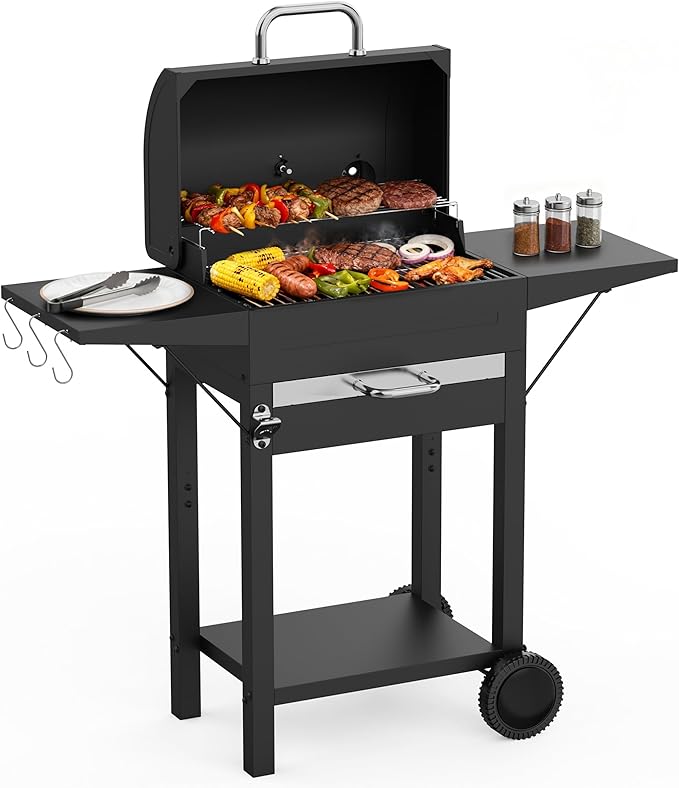 Charcoal Grills with Side Tables and Bottle Opener 20'' Smoker Barbecue BBQ Grill with 2 Wheels for Backyard Patio Camping and Parties Black