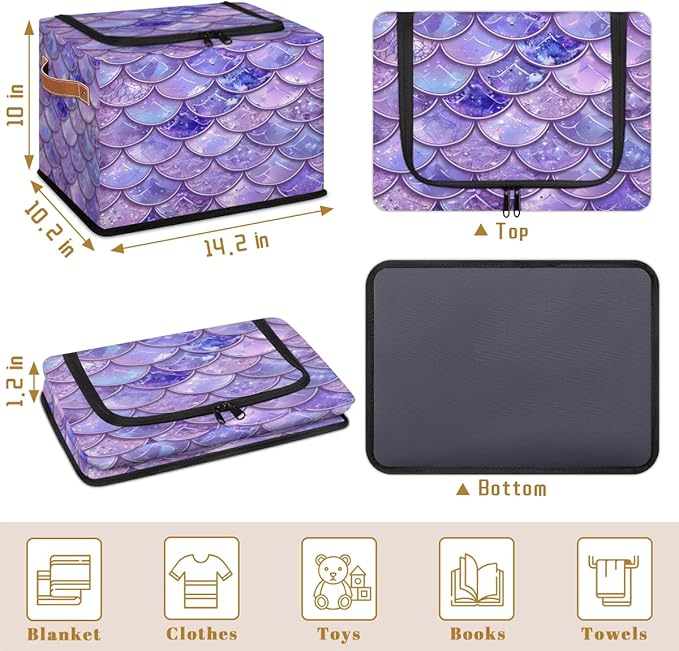 Mermaid Scales Storage Box with Lid Ocean Beach Collapsible Storage Bins Baskets Cubes Closet Shelf Clothes Organizer Containers with PU Leather Handles