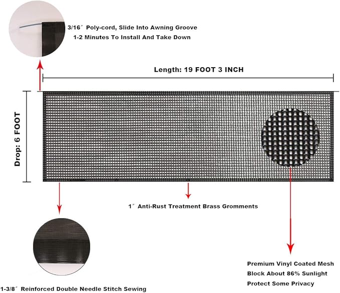 Tentproinc RV Awning Sun Shade Screen 6' X 19' 3'' (Fit for 20' Awning) Mesh Sun Screen Sunshade Motorhome Camping Trailer Awning Shade UV SunBlocker Shadescreen - 3 Year Warranty (Black)